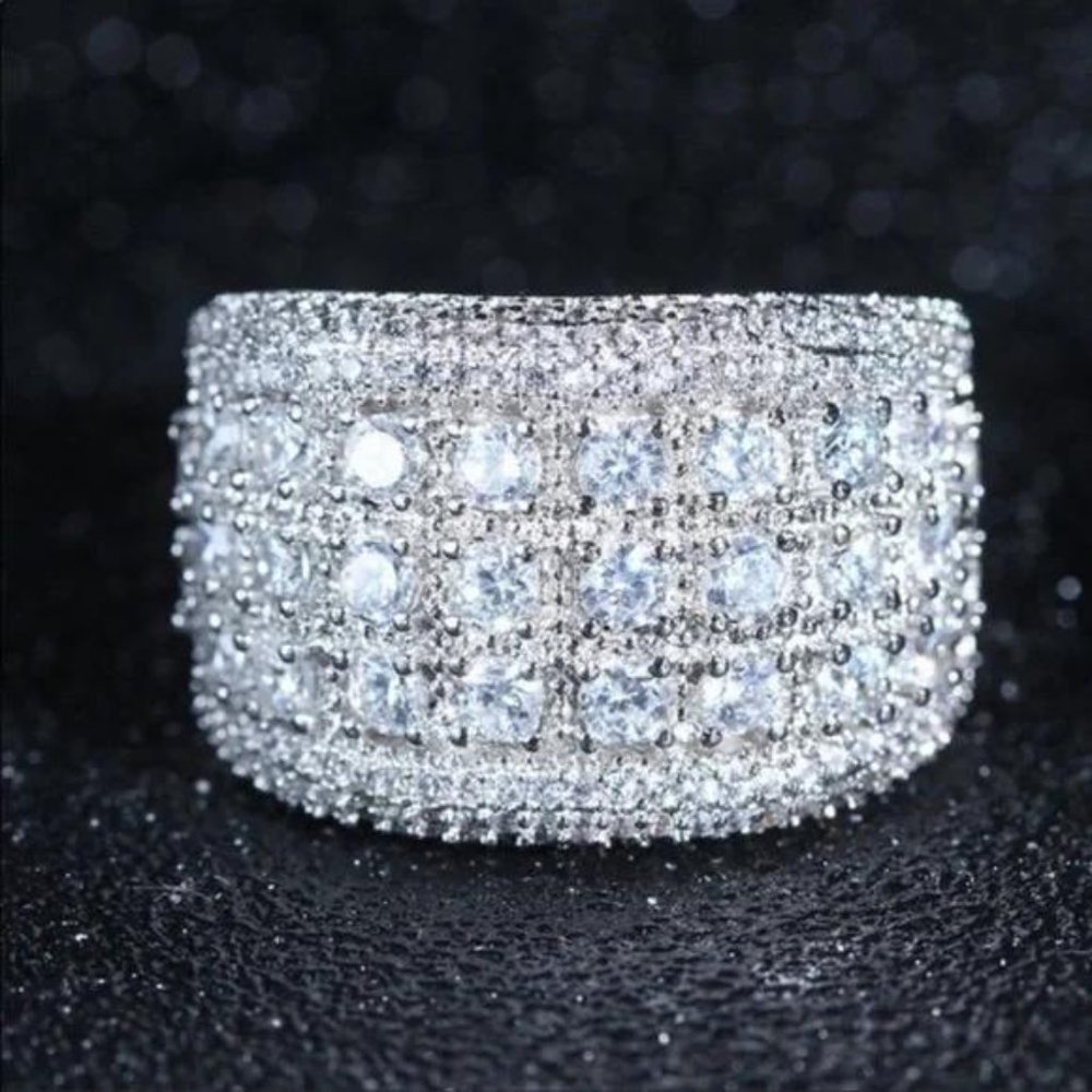 PAVE WIDE BAND 925 STERLING SILVER ROUND DIAMOND RING - Picture 5 of 8